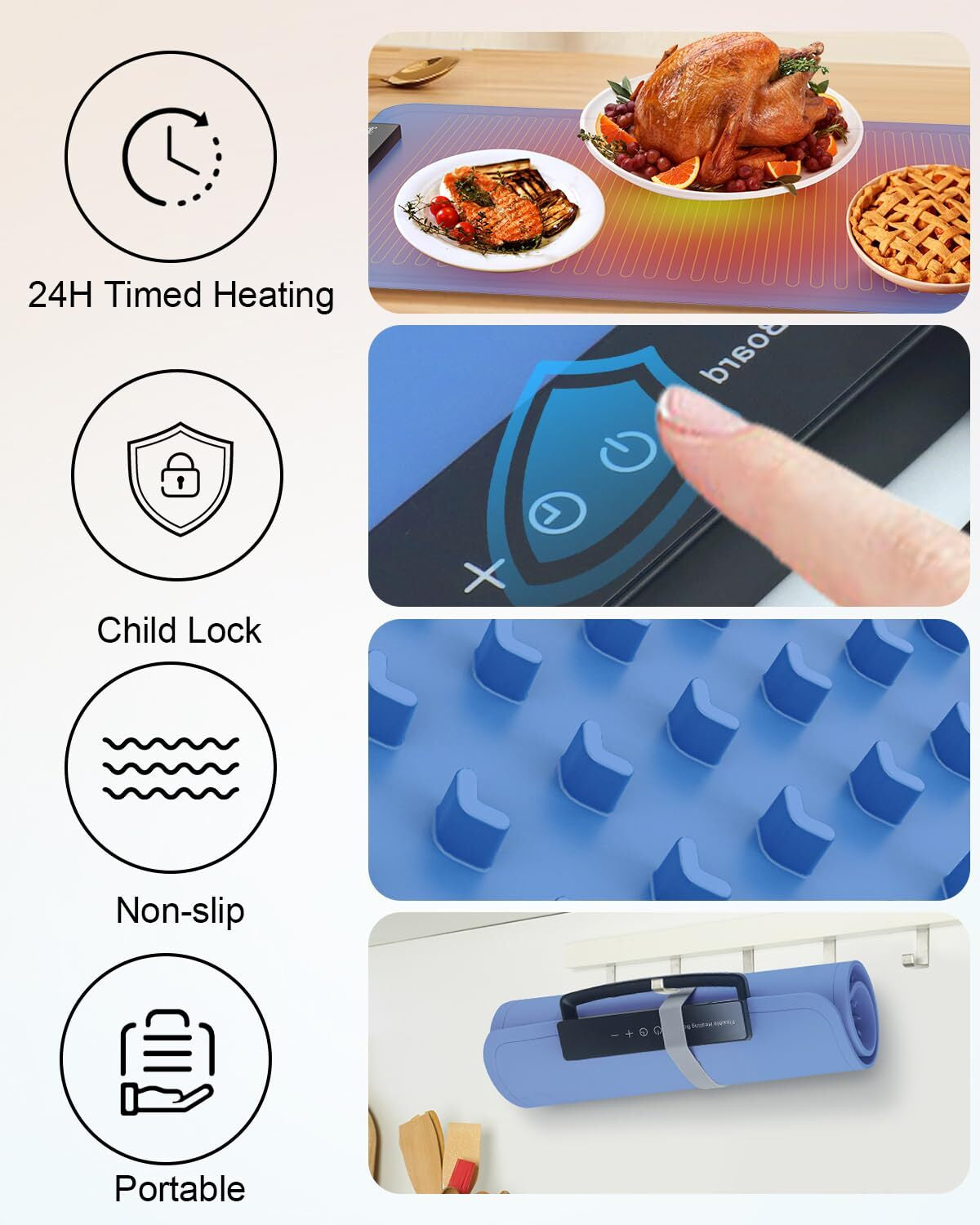 Electric Food Warming Mat for Countertop – Portable Silicone Warming Tray with 7 Temperature Levels, 24H Timer & Safety Lock