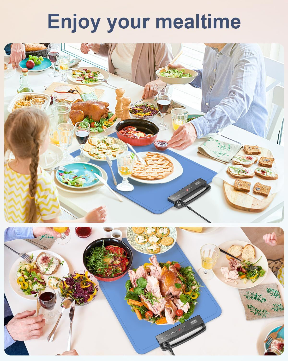 Electric Food Warming Mat for Countertop – Portable Silicone Warming Tray with 7 Temperature Levels, 24H Timer & Safety Lock